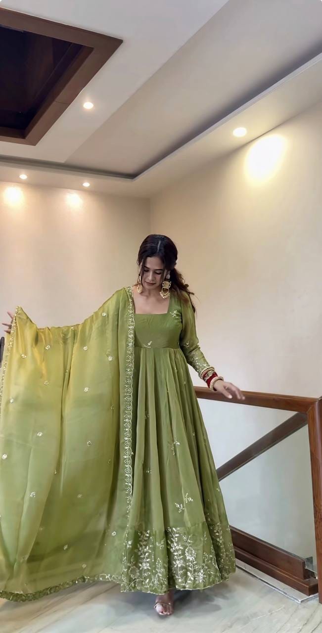 Pista Green color Fendy Silk Designer Anarkali Gown Pant with Dupatta
