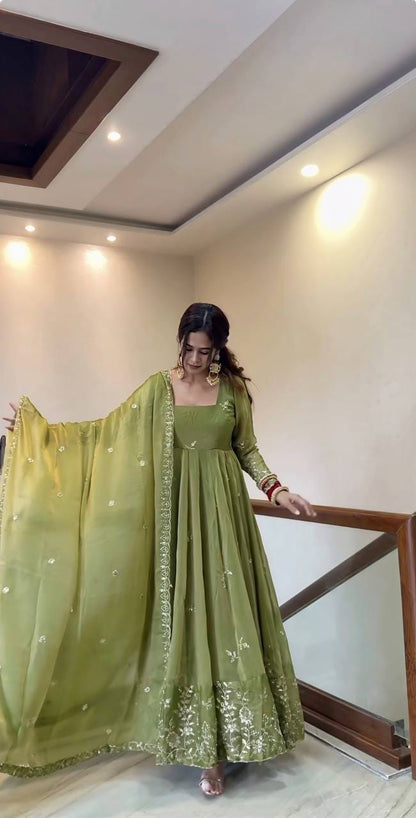 Pista Green color Fendy Silk Designer Anarkali Gown Pant with Dupatta