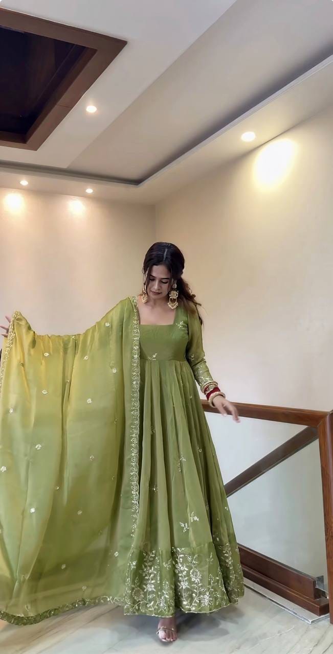 Pista Green color Fendy Silk Designer Anarkali Gown Pant with Dupatta