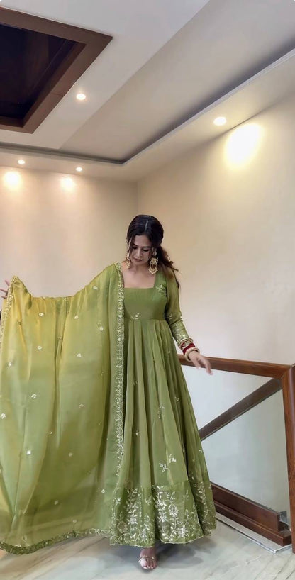 Pista Green color Fendy Silk Designer Anarkali Gown Pant with Dupatta