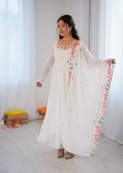 White Color Faux Georgette Embroidery Work Anarkali Gown Pant with Dupatta