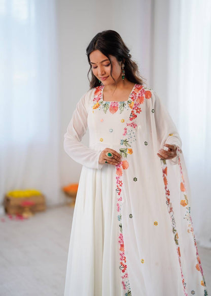 White Color Faux Georgette Embroidery Work Anarkali Gown Pant with Dupatta