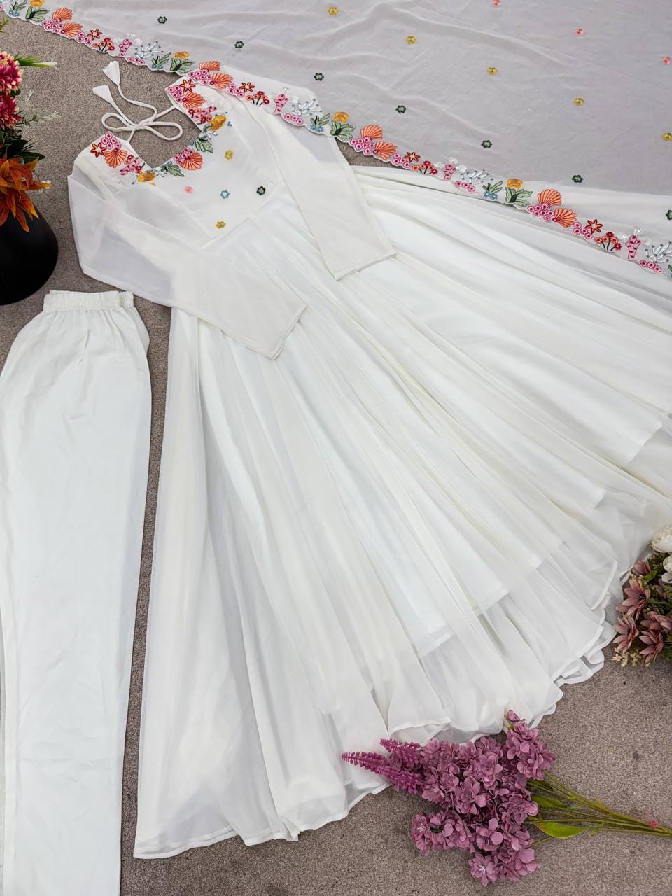White Color Faux Georgette Embroidery Work Anarkali Gown Pant with Dupatta