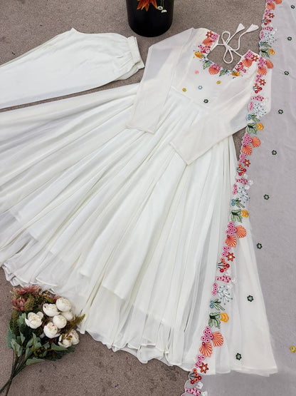White Color Faux Georgette Embroidery Work Anarkali Gown Pant with Dupatta