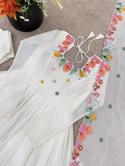 White Color Faux Georgette Embroidery Work Anarkali Gown Pant with Dupatta