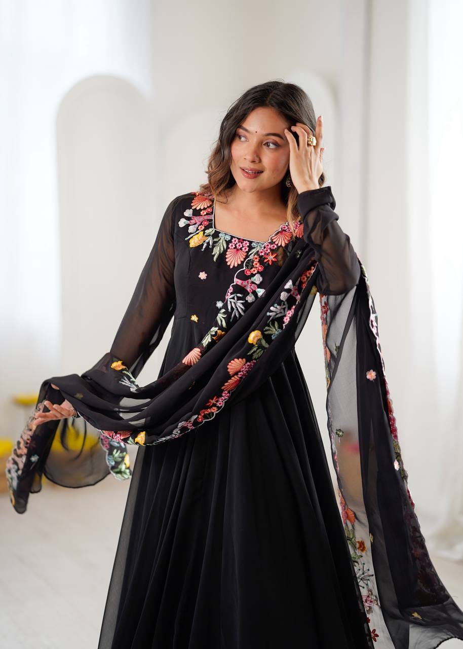 Black Color Faux Georgette Embroidery Work Anarkali Gown Pant with Dupatta