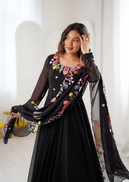Black Color Faux Georgette Embroidery Work Anarkali Gown Pant with Dupatta