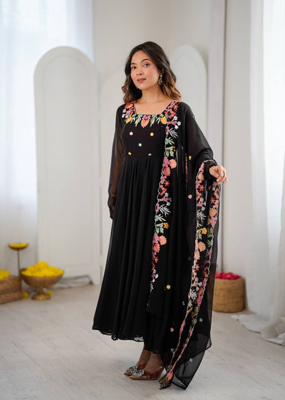 Black Color Faux Georgette Embroidery Work Anarkali Gown Pant with Dupatta