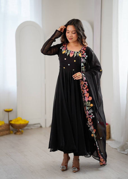 Black Color Faux Georgette Embroidery Work Anarkali Gown Pant with Dupatta