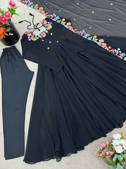 Black Color Faux Georgette Embroidery Work Anarkali Gown Pant with Dupatta