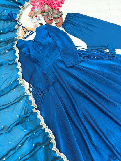Party Wear Look Pur Fandy Crush Silk Gown,Dupatta & Bottom Set