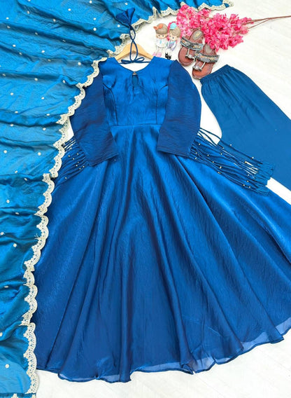 Party Wear Look Pur Fandy Crush Silk Gown,Dupatta & Bottom Set
