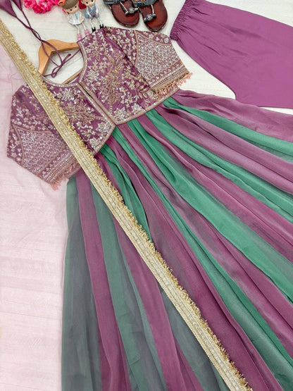 Party Wear Look Pur Nc Moss Gown,Dupatta & Bottom Set
