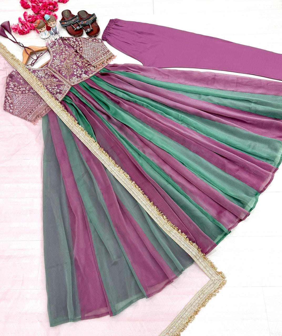 Party Wear Look Pur Nc Moss Gown,Dupatta & Bottom Set