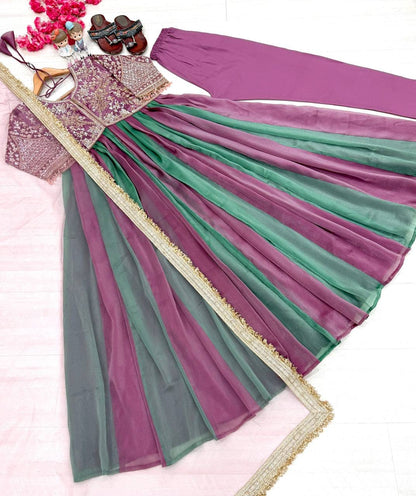 Party Wear Look Pur Nc Moss Gown,Dupatta & Bottom Set