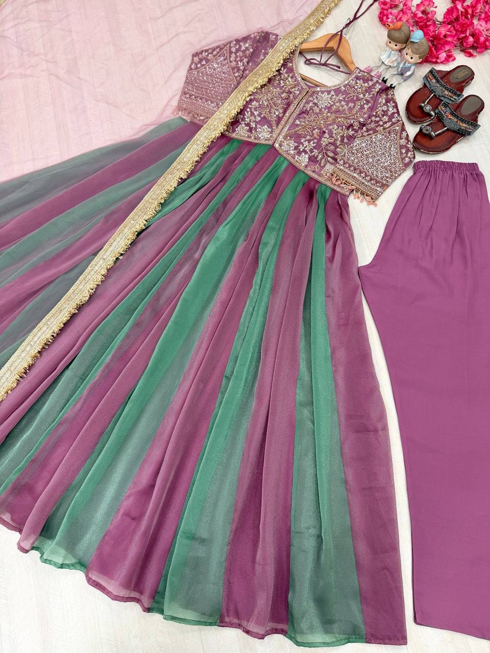 Party Wear Look Pur Nc Moss Gown,Dupatta & Bottom Set