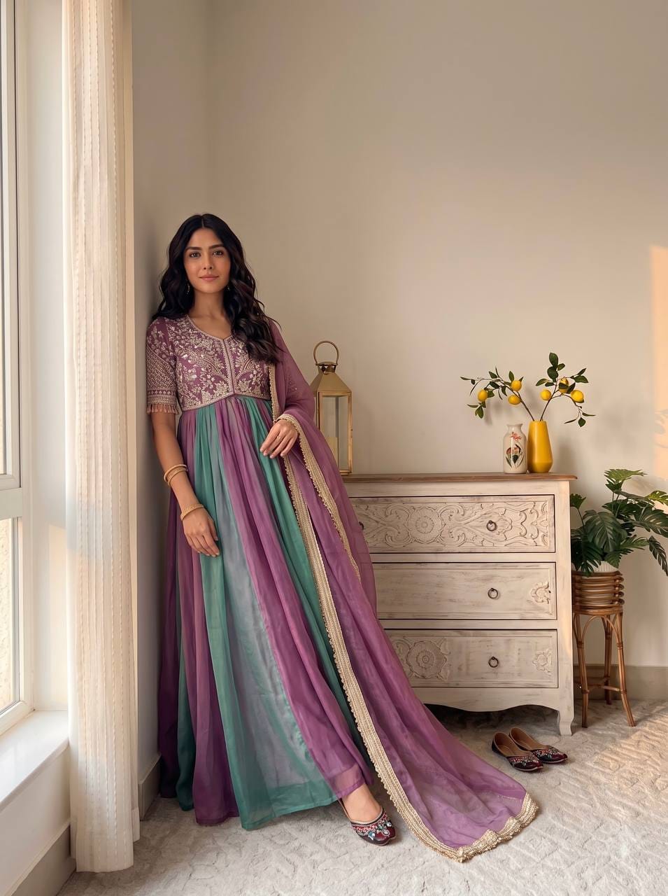 Party Wear Look Pur Nc Moss Gown,Dupatta & Bottom Set