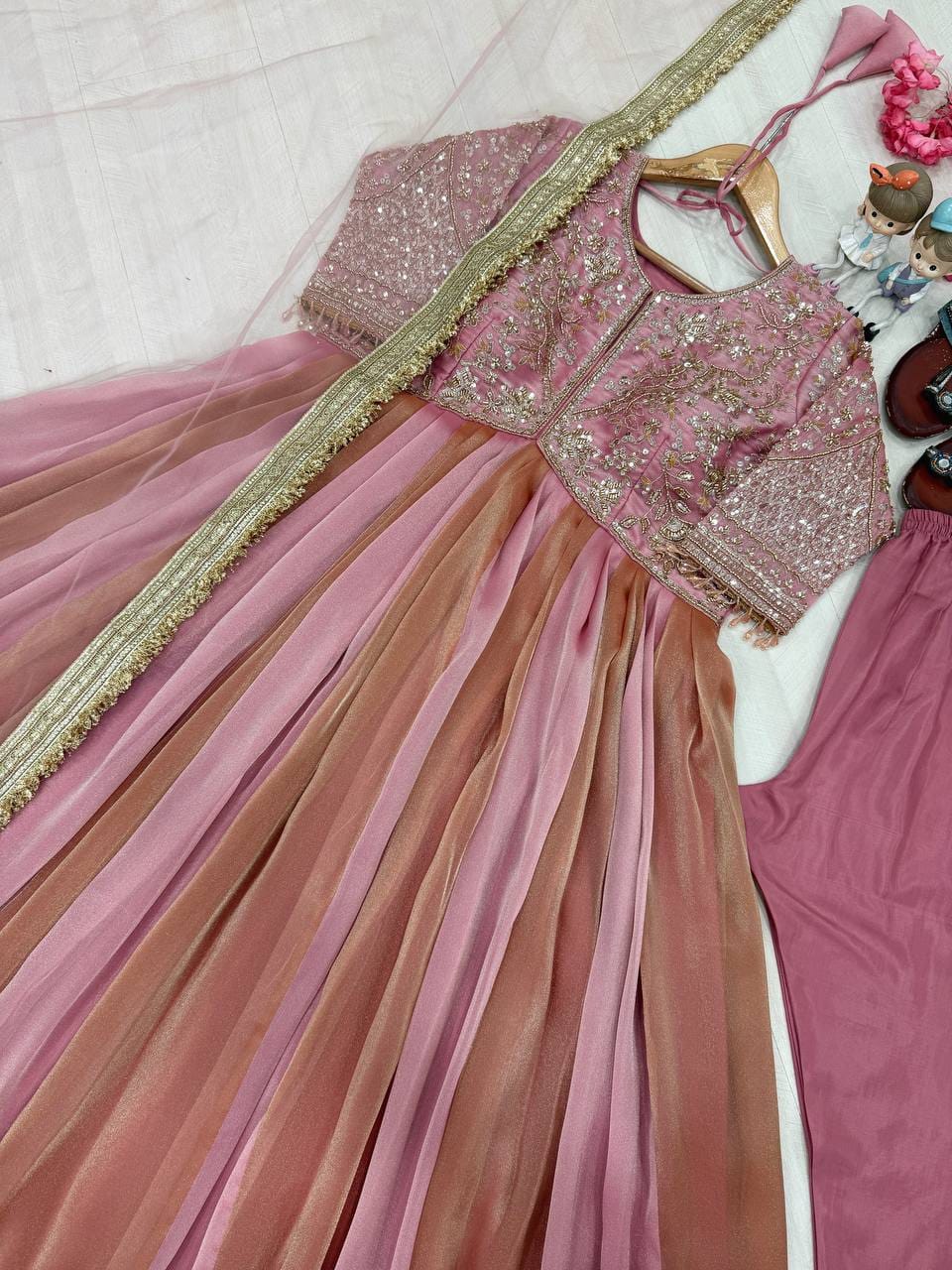 Party Wear Look Pur Nc Moss Gown,Dupatta & Bottom Set