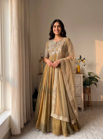 Party Wear Look Pur Nc Moss Gown,Dupatta & Bottom Set