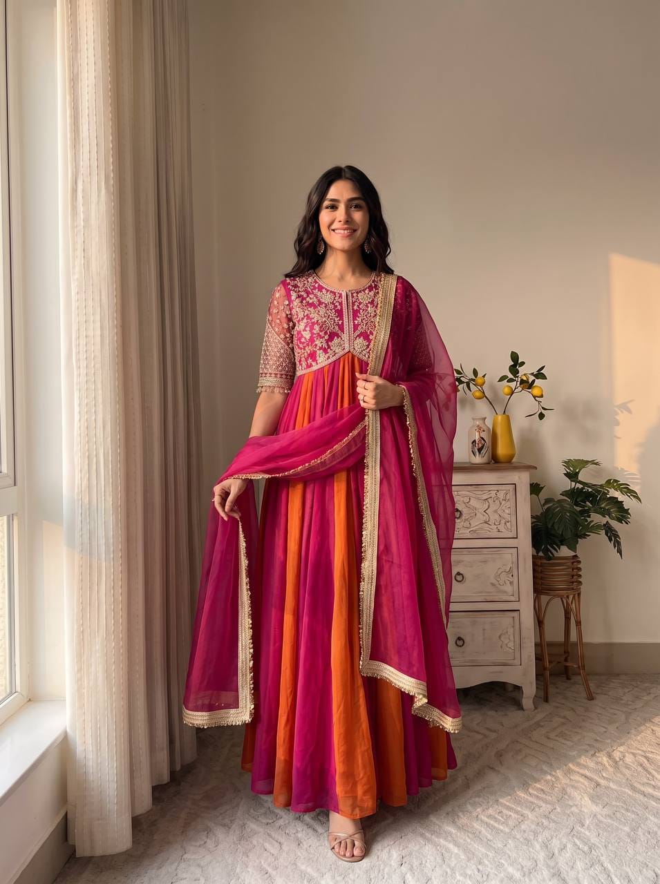 Party Wear Look Pur Nc Moss Gown,Dupatta & Bottom Set