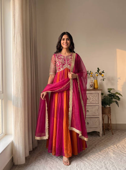 Party Wear Look Pur Nc Moss Gown,Dupatta & Bottom Set