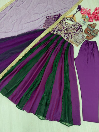 Party Wear Look Pur Nc Moss Gown,Dupatta & Bottom Set