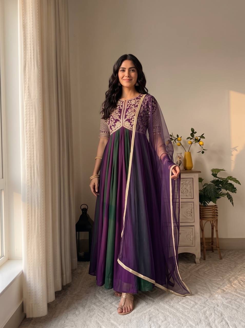Party Wear Look Pur Nc Moss Gown,Dupatta & Bottom Set