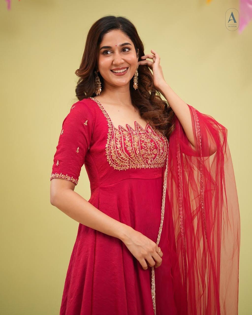 Red color Party Wear Look Pur Fandy Crush Silk Gown,Dupatta & Bottom Set