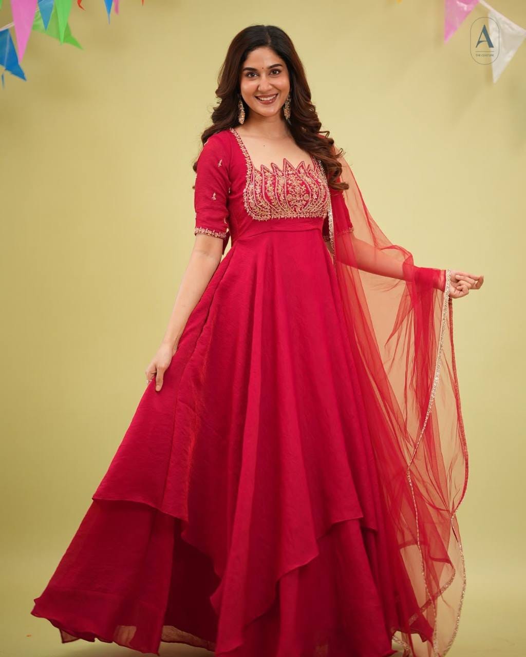 Red color Party Wear Look Pur Fandy Crush Silk Gown,Dupatta & Bottom Set