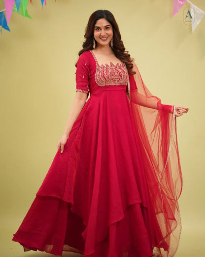 Red color Party Wear Look Pur Fandy Crush Silk Gown,Dupatta & Bottom Set