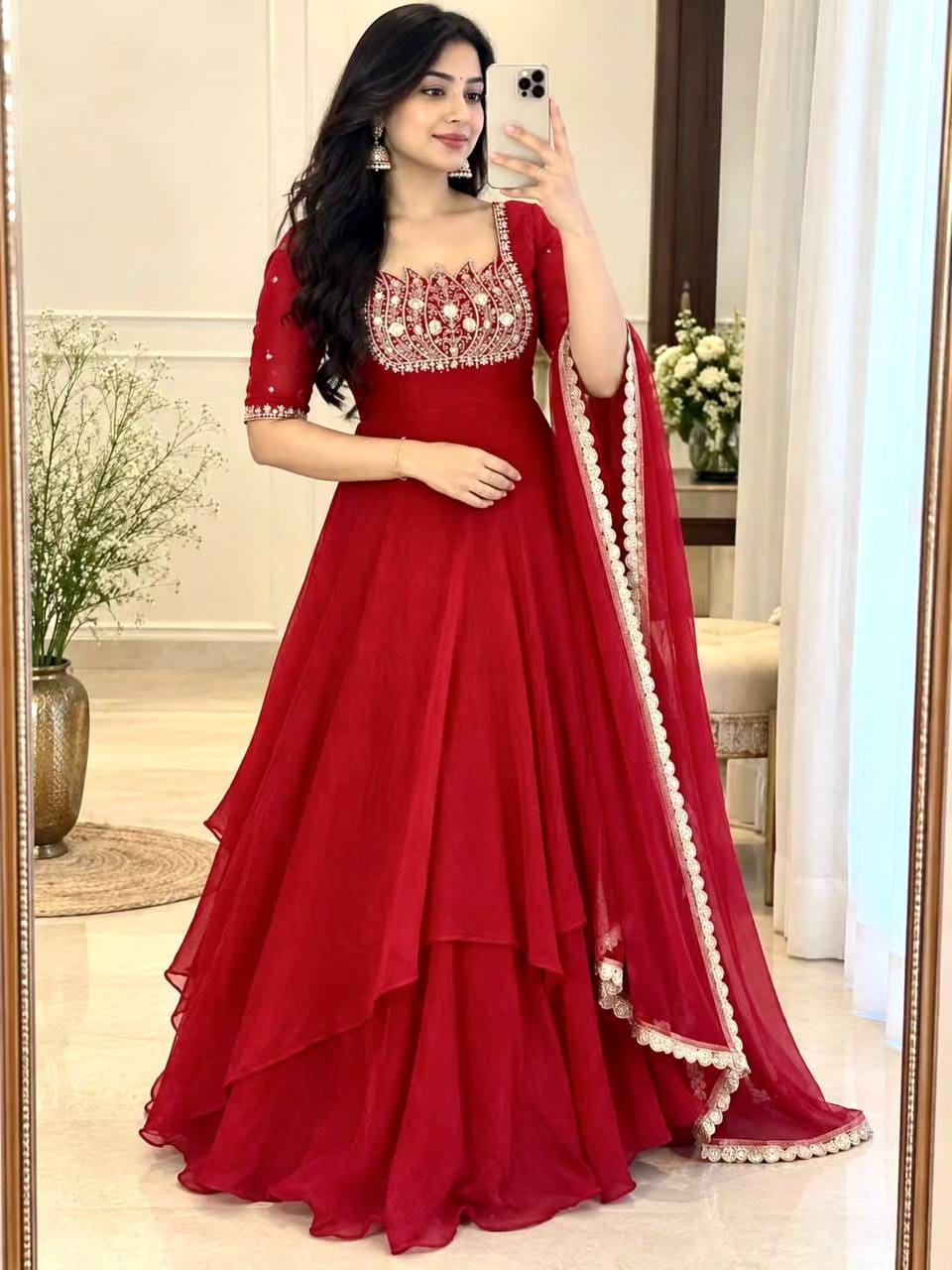 Red color Party Wear Look Pur Fandy Crush Silk Gown,Dupatta & Bottom Set