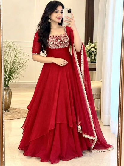 Red color Party Wear Look Pur Fandy Crush Silk Gown,Dupatta & Bottom Set