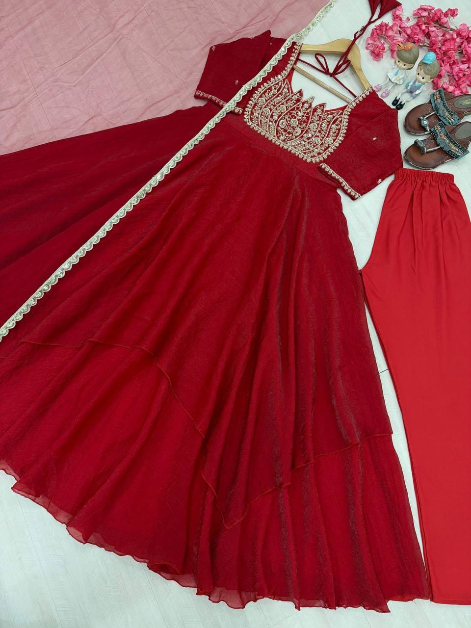 Red color Party Wear Look Pur Fandy Crush Silk Gown,Dupatta & Bottom Set