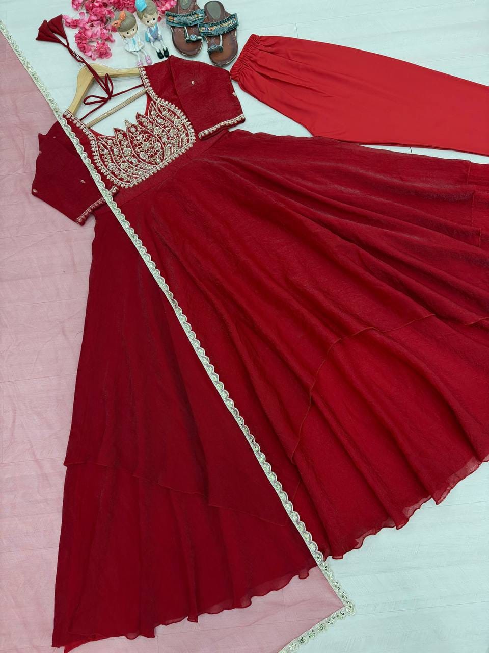 Red color Party Wear Look Pur Fandy Crush Silk Gown,Dupatta & Bottom Set