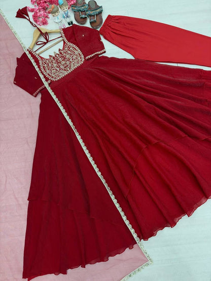 Red color Party Wear Look Pur Fandy Crush Silk Gown,Dupatta & Bottom Set