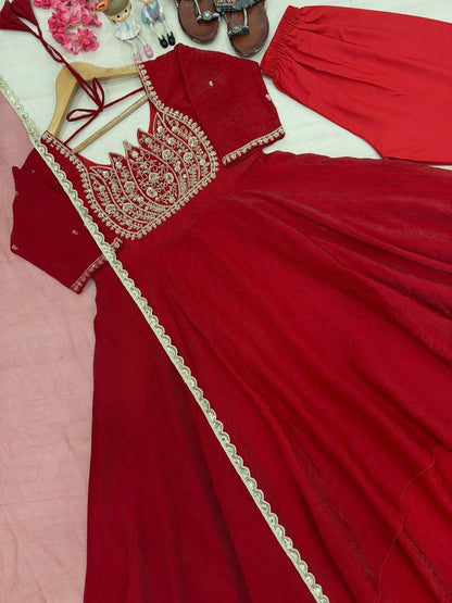 Red color Party Wear Look Pur Fandy Crush Silk Gown,Dupatta & Bottom Set