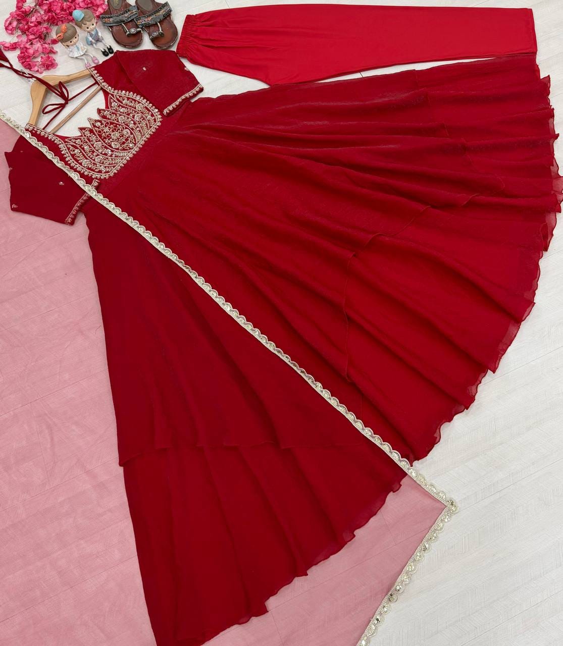 Red color Party Wear Look Pur Fandy Crush Silk Gown,Dupatta & Bottom Set