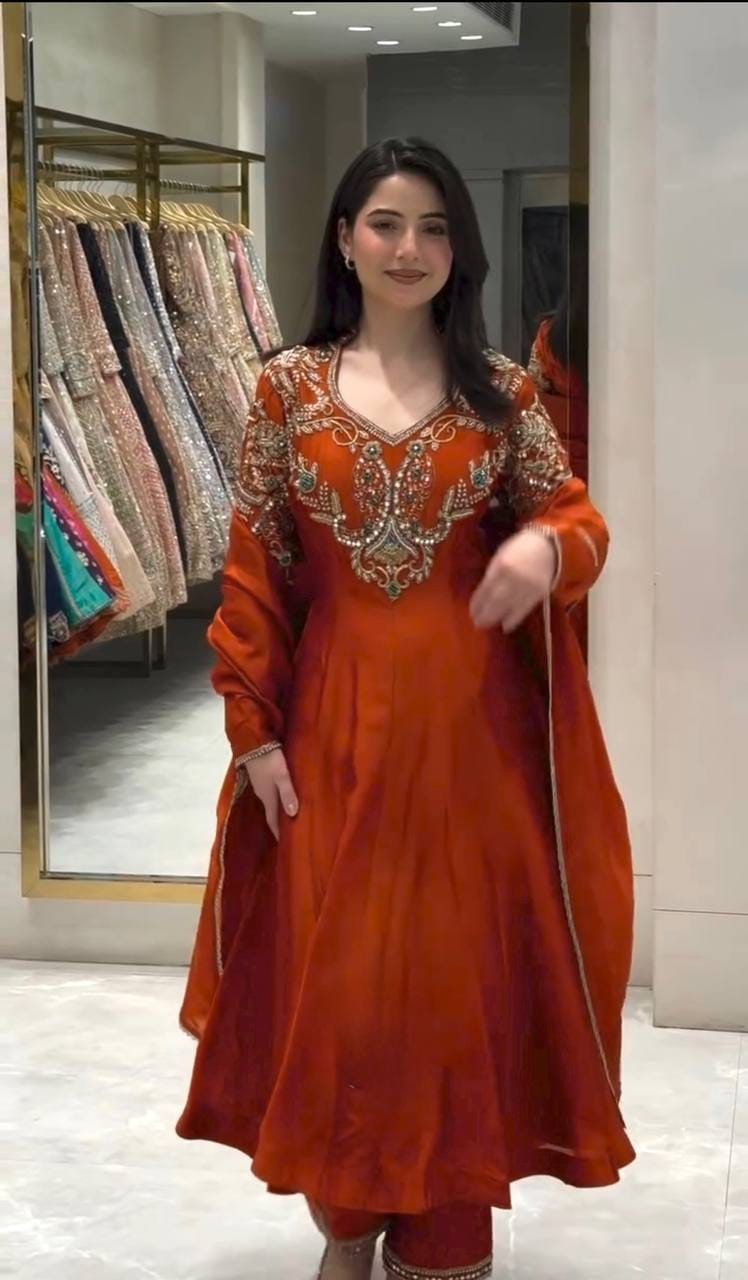 Party Wear & Festiv Look Pur Roman Silk Anarkali Gown,Dupatta & Plazzo Set