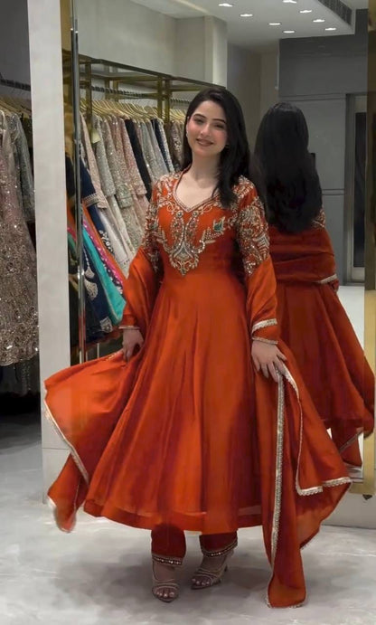 Party Wear & Festiv Look Pur Roman Silk Anarkali Gown,Dupatta & Plazzo Set