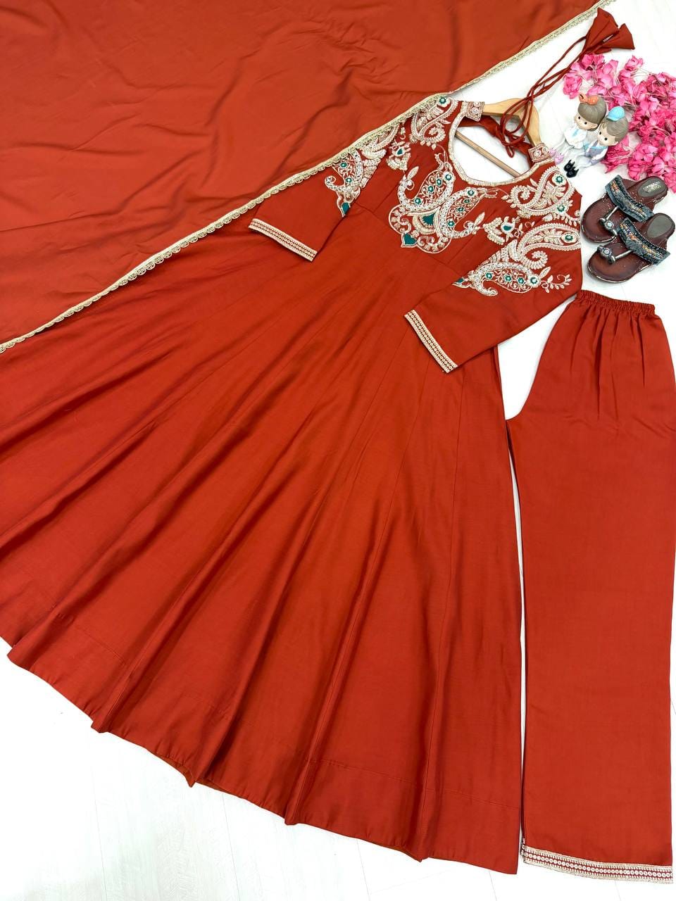 Party Wear & Festiv Look Pur Roman Silk Anarkali Gown,Dupatta & Plazzo Set