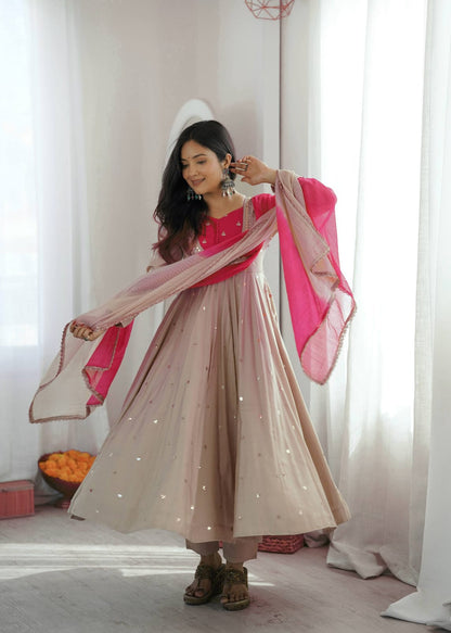 Beige color Embroidered and Real Mirror work Designer Anarkali Gown Pant with Dupatta
