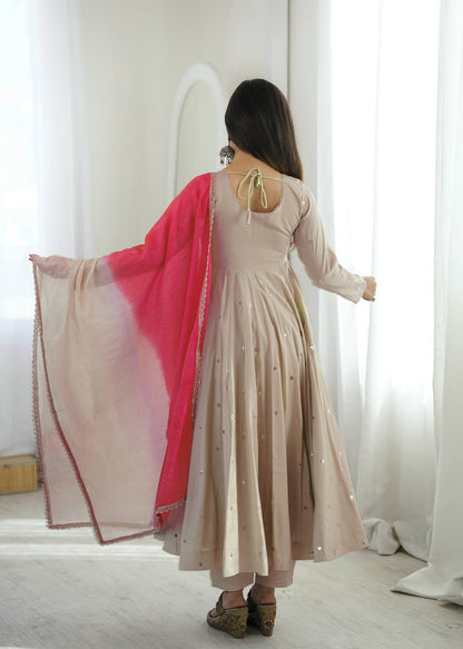 Beige color Embroidered and Real Mirror work Designer Anarkali Gown Pant with Dupatta