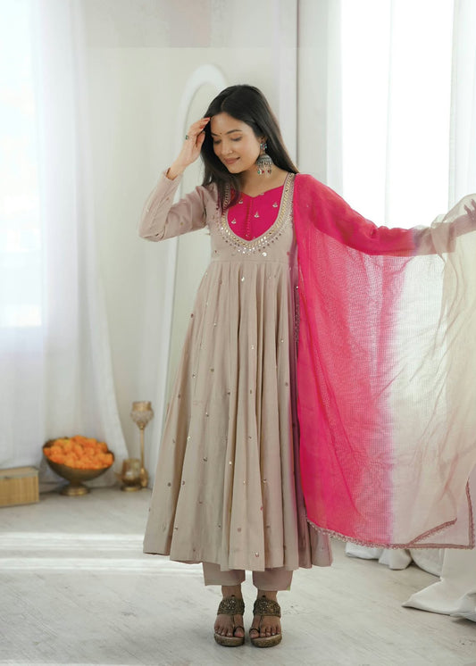 Beige color Embroidered and Real Mirror work Designer Anarkali Gown Pant with Dupatta