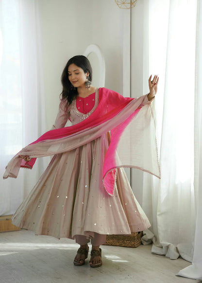 Beige color Embroidered and Real Mirror work Designer Anarkali Gown Pant with Dupatta