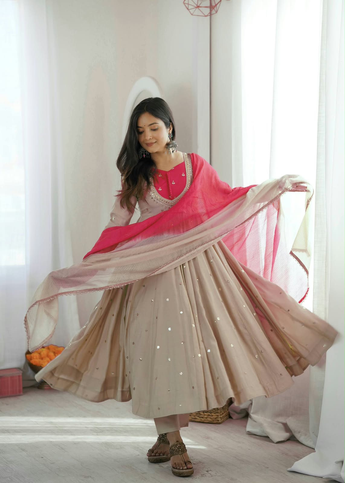 Beige color Embroidered and Real Mirror work Designer Anarkali Gown Pant with Dupatta
