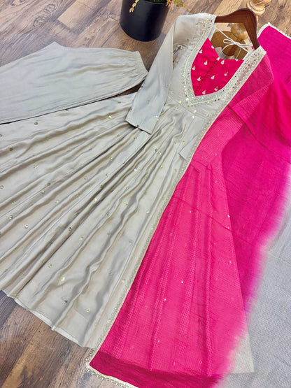 Beige color Embroidered and Real Mirror work Designer Anarkali Gown Pant with Dupatta