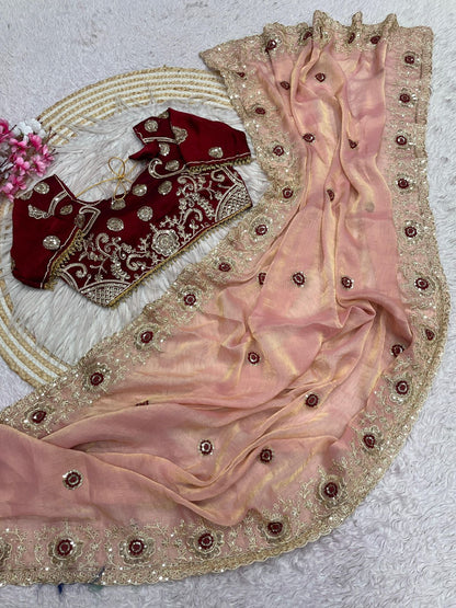 Fendy Chiffon two ton embroidery work Saree with Readymade Blouse