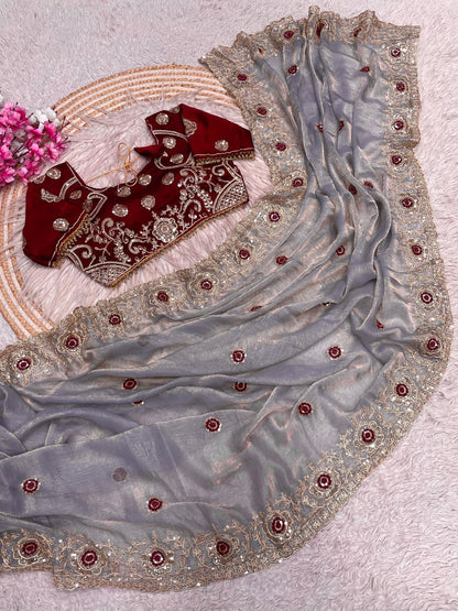 Fendy Chiffon two ton embroidery work Saree with Readymade Blouse