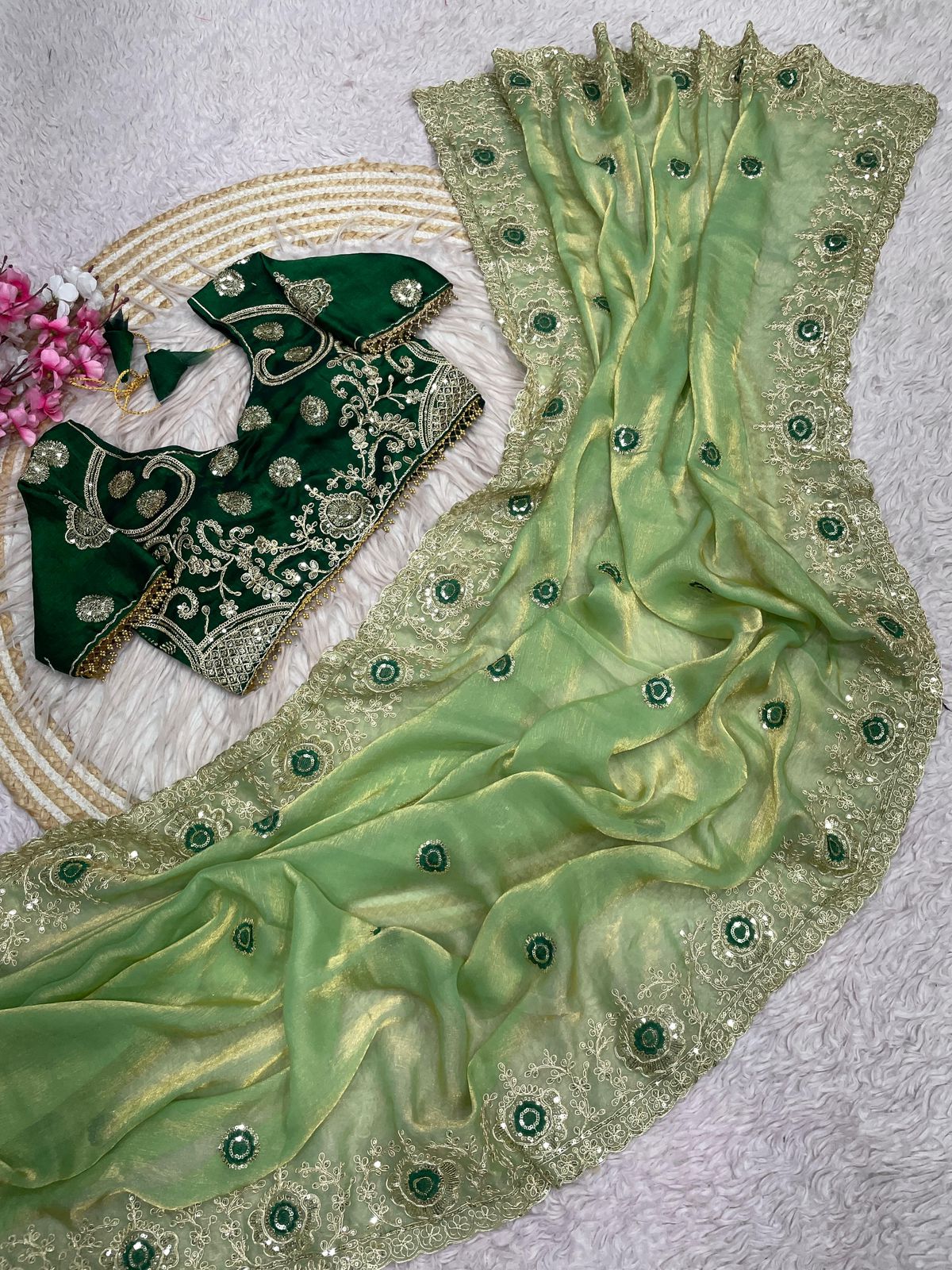 Fendy Chiffon two ton embroidery work Saree with Readymade Blouse