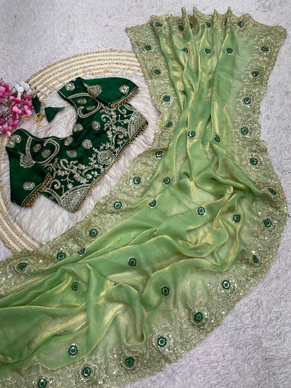 Fendy Chiffon two ton embroidery work Saree with Readymade Blouse